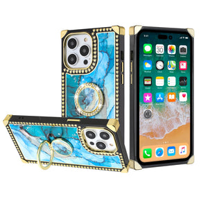 Apple iPhone 8/7/SE(2022)(2020) IMD Design Passion Square Hearts Case with Diamond Ring Stand - D