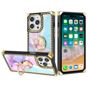Apple iPhone 11 (6.1) IMD Design Passion Square Hearts Case with Diamond Ring Stand - E