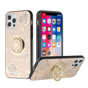 Apple iPhone 13 Pro Max (6.7) SPLENDID Engraved Ornaments Diamond Glitter Design Hybrid Case (w/ Ring Stand) - Clover/Gold