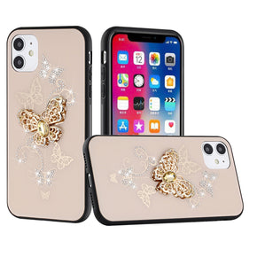 Apple iPhone 13 (6.1) SPLENDID Engraved Ornaments Diamond Glitter Design Hybrid Case - Garden Butterflies / Gold