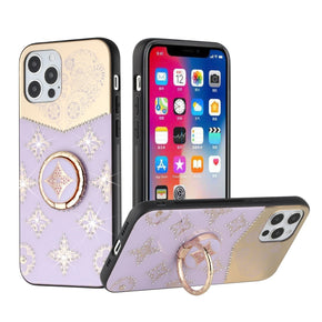 Apple iPhone 13 Pro Max (6.7) SPLENDID Engraved Ornaments Diamond Glitter Design Hybrid Case (w/ Ring Stand) - Bird Heart / Purple
