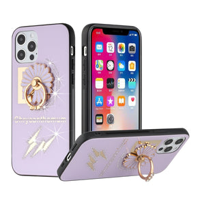Apple iPhone 13 Pro Max (6.7) SPLENDID Engraved Ornaments Diamond Glitter Design Hybrid Case (w/ Ring Stand) - Flower Ring/Purple