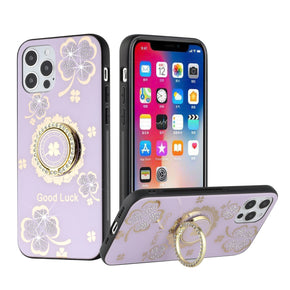 Apple iPhone 13 (6.1) SPLENDID Engraved Ornaments Diamond Glitter Design Hybrid Case (w/ Ring Stand) - Clover / Purple
