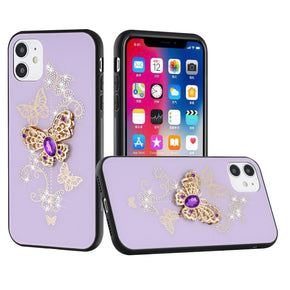 Apple iPhone 13 Pro Max (6.7) SPLENDID Engraved Ornaments Diamond Glitter Design Hybrid Case - Garden Butterflies / Purple