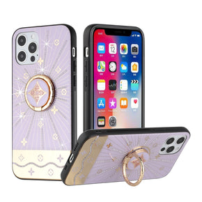 Apple iPhone 13 (6.1) SPLENDID Engraved Ornaments Diamond Glitter Design Hybrid Case (w/ Ring Stand) - Harmony Rays / Purple