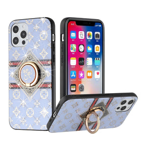 Apple iPhone 13 (6.1) SPLENDID Engraved Ornaments Diamond Glitter Design Hybrid Case (w/ Ring Stand) - Love Floral / Purple