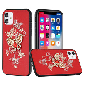 Apple iPhone 13 Pro Max (6.7) SPLENDID Engraved Ornaments Diamond Glitter Design Hybrid Case - Garden Butterflies / Red