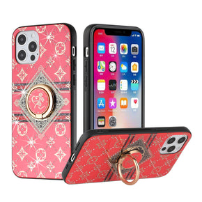 Apple iPhone 13 (6.1) SPLENDID Engraved Ornaments Diamond Glitter Design Hybrid Case (w/ Ring Stand) - Love Floral / Red