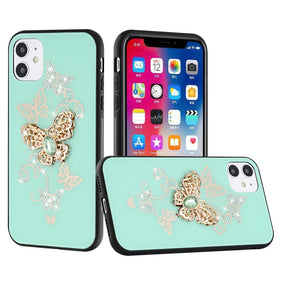 Apple iPhone 11 (6.1) SPLENDID Engraved Ornaments Diamond Glitter Design Hybrid Case - Garden Butterflies / Teal