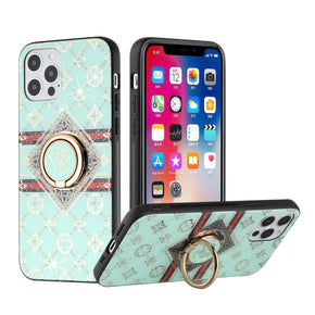 Apple iPhone 13 (6.1) SPLENDID Engraved Ornaments Diamond Glitter Design Hybrid Case (w/ Ring Stand) - Love Floral / Teal