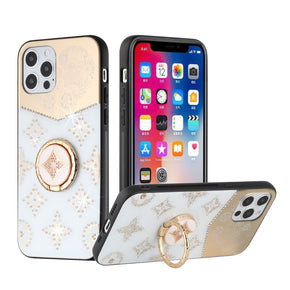 Apple iPhone 13 (6.1) SPLENDID Engraved Ornaments Diamond Glitter Design Hybrid Case (w/ Ring Stand) - Bird Heart / White