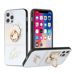 Apple iPhone 7/8/SE (2022)(2020) SPLENDID Engraved Ornaments Diamond Glitter Design Hybrid Case (w/ Ring Stand) - Flower Ring / White