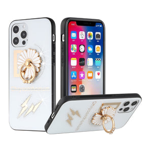 Apple iPhone 13 (6.1) SPLENDID Engraved Ornaments Diamond Glitter Design Hybrid Case (w/ Ring Stand) - Flower Ring / White
