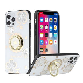 Apple iPhone 13 Pro Max (6.7) SPLENDID Engraved Ornaments Diamond Glitter Design Hybrid Case (w/ Ring Stand) - Clover/White