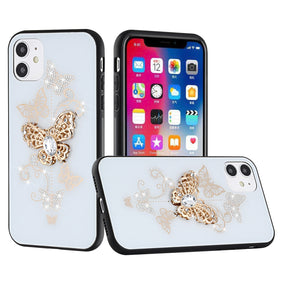 Apple iPhone 13 (6.1) SPLENDID Engraved Ornaments Diamond Glitter Design Hybrid Case - Garden Butterflies / White