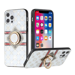 Apple iPhone 13 (6.1) SPLENDID Engraved Ornaments Diamond Glitter Design Hybrid Case (w/ Ring Stand) - Love Floral / White