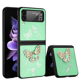 Samsung Galaxy Z Flip4 SPLENDID Engraved Ornaments Diamond Glitter Design Hybrid Case - Garden Butterflies / Teal