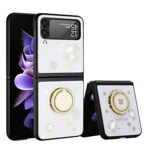 Samsung Galaxy Z Flip4 SPLENDID Engraved Ornaments Diamond Glitter Design Hybrid Case (with Ring Stand) - Clover / White