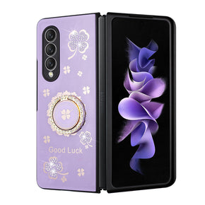 Samsung Galaxy Z Fold4 SPLENDID Engraved Ornaments Diamond Glitter Design Hybrid Case (w/ Ring Stand) - Clover / Purple