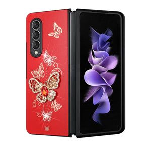 Samsung Galaxy Z Fold6 SPLENDID Engraved Ornaments Diamond Glitter Design Hybrid Case - Garden Butterflies / Red