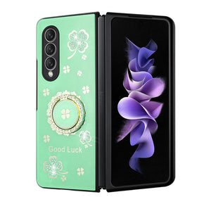 Samsung Galaxy Z Fold6 SPLENDID Engraved Ornaments Diamond Glitter Design Hybrid Case (with Ring Stand) - Clover / Teal