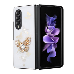 Samsung Galaxy Z Fold6 SPLENDID Engraved Ornaments Diamond Glitter Design Hybrid Case - Garden Butterflies / White