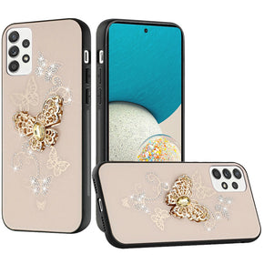 Samsung Galaxy A53 5G SPLENDID Engraved Ornaments Diamond Glitter Design Hybrid Case - Garden Butterflies / Gold
