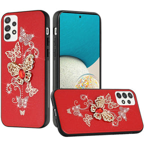 Samsung Galaxy A53 5G SPLENDID Engraved Ornaments Diamond Glitter Design Hybrid Case - Garden Butterflies / Red