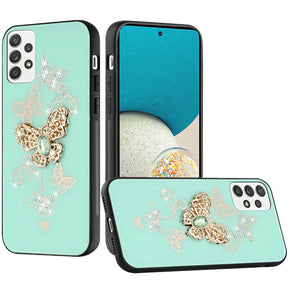 Samsung Galaxy A53 5G SPLENDID Engraved Ornaments Diamond Glitter Design Hybrid Case - Garden Butterflies/Teal