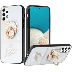 Samsung Galaxy A53 5G SPLENDID Engraved Ornaments Diamond Glitter Design Hybrid Case (w/ Ring Stand) - Flower Ring/White