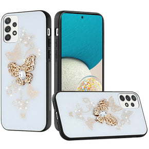 Samsung Galaxy A53 5G SPLENDID Engraved Ornaments Diamond Glitter Design Hybrid Case - Garden Butterflies / White