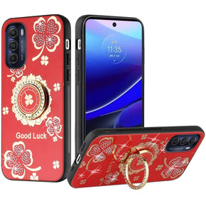 Motorola Moto G Stylus 5G (2022) SPLENDID Engraved Ornaments Diamond Glitter Design Hybrid Case (w/ Ring Stand) - Clover/Red