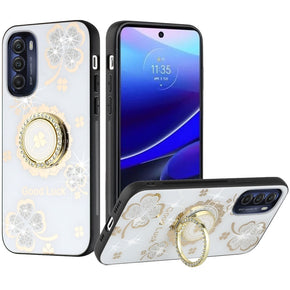 Motorola Moto G Stylus 5G (2022) SPLENDID Engraved Ornaments Diamond Glitter Design Hybrid Case (w/ Ring Stand) - Clover/White