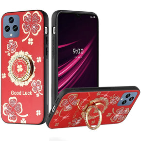 T-Mobile REVVL 6 5G SPLENDID Engraved Ornaments Diamond Glitter Design Hybrid Case (w/ Ring Stand) - Clover / Red