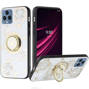 T-Mobile REVVL 6 5G SPLENDID Engraved Ornaments Diamond Glitter Design Hybrid Case (w/ Ring Stand) - Clover / White
