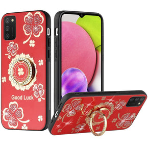 Samsung Galaxy A03s SPLENDID Engraved Ornaments Diamond Glitter Design Hybrid Case (w/ Ring Stand) - Clover / Red