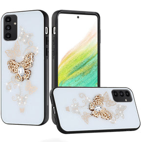 Samsung Galaxy A54 5G SPLENDID Engraved Ornaments Diamond Glitter Design Hybrid Case - Garden Butterflies/White