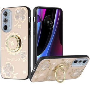 Motorola Edge Plus (2022) SPLENDID Engraved Ornaments Diamond Glitter Design Hybrid Case (w/ Ring Stand) - Clover / Gold