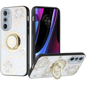 Motorola Edge Plus (2022) SPLENDID Engraved Ornaments Diamond Glitter Design Hybrid Case (w/ Ring Stand) - Clover / White