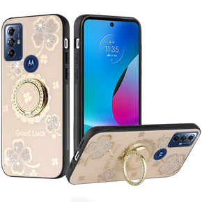 Motorola Moto G Play (2023) / Moto G Pure / Moto G Power (2022) SPLENDID Engraved Ornaments Diamond Glitter Design Hybrid Case (w/ Ring Stand) - Clover / Gold