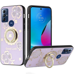 Motorola Moto G Play (2023) / Moto G Pure / Moto G Power (2022) SPLENDID Engraved Ornaments Diamond Glitter Design Hybrid Case (w/ Ring Stand) - Clover / Purple