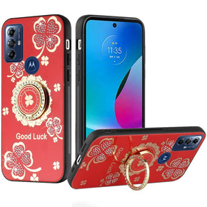 Motorola Moto G Play (2023) / Moto G Pure / Moto G Power (2022) SPLENDID Engraved Ornaments Diamond Glitter Design Hybrid Case (w/ Ring Stand) - Clover / Red