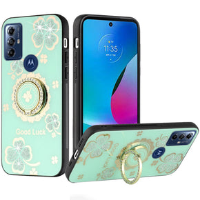 Motorola Moto G Play (2023) / Moto G Pure / Moto G Power (2022) SPLENDID Engraved Ornaments Diamond Glitter Design Hybrid Case (w/ Ring Stand) - Clover / Teal