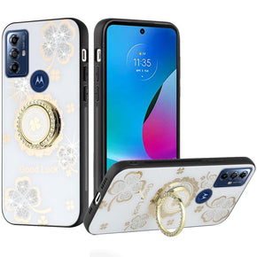 Motorola Moto G Play (2023) / Moto G Pure / Moto G Power (2022) SPLENDID Engraved Ornaments Diamond Glitter Design Hybrid Case (w/ Ring Stand) - Clover / White
