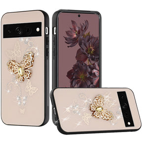 Google Pixel 7 Pro SPLENDID Engraved Ornaments Diamond Glitter Design Hybrid Case - Garden Butterflies / Gold