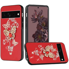 Google Pixel 7 Pro SPLENDID Engraved Ornaments Diamond Glitter Design Hybrid Case - Garden Butterflies / Red