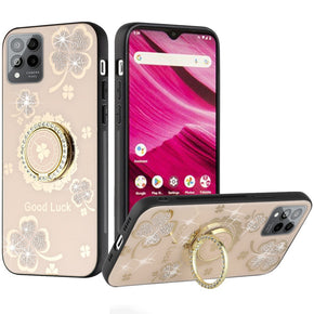 T-Mobile REVVL 6 Pro 5G SPLENDID Engraved Ornaments Diamond Glitter Design Hybrid Case (w/ Ring Stand) - Clover / Gold