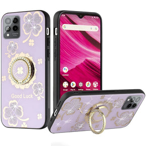 T-Mobile REVVL 6 Pro 5G SPLENDID Engraved Ornaments Diamond Glitter Design Hybrid Case (w/ Ring Stand) - Clover / Purple