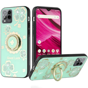 T-Mobile REVVL 6 5G SPLENDID Engraved Ornaments Diamond Glitter Design Hybrid Case (w/ Ring Stand) - Clover / Teal