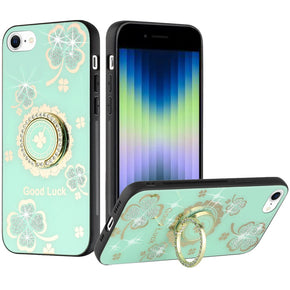 Apple iPhone 14 Pro Max (6.7) SPLENDID Engraved Ornaments Diamond Glitter Design Hybrid Case (w/ Ring Stand) - Clover / Teal